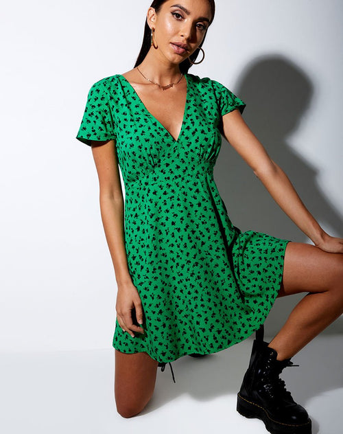 Elara Tea Dress in Dainty Daisy Green