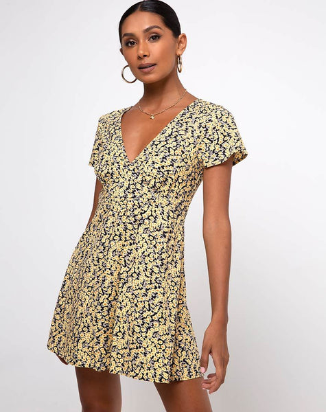 Elara Tea Dress in Mini Bloom Yellow