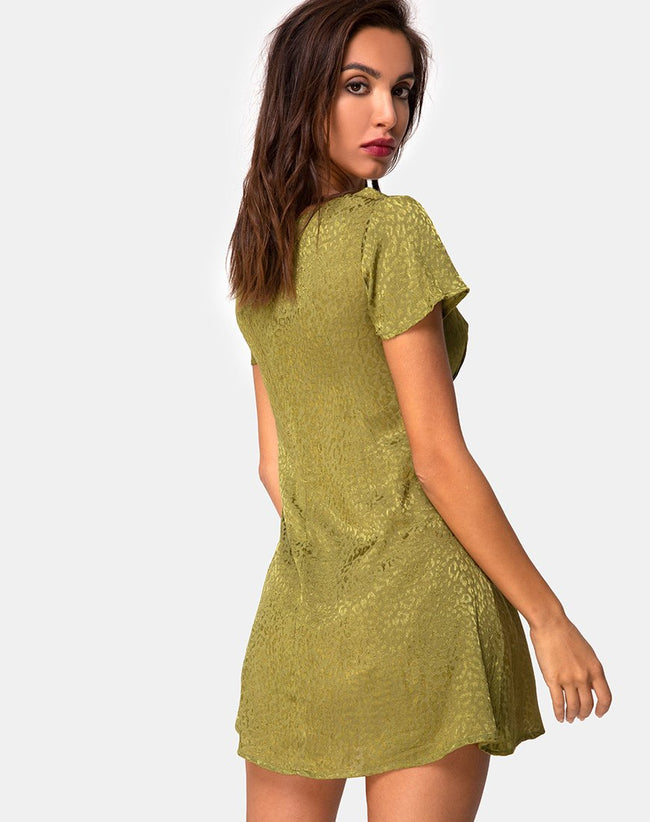 Elara Dress in Satin Cheetah Khaki