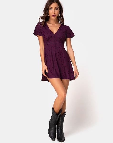 Elara Tea Dress in Skater Polka Wine