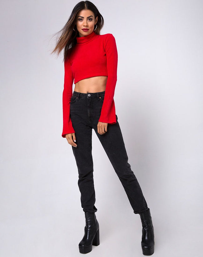 Elena Crop Top in Rib Knit Red