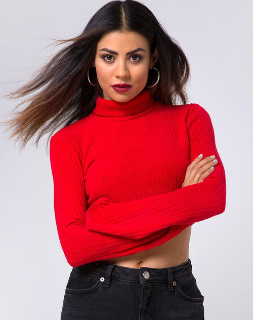 Elena Crop Top in Rib Knit Red