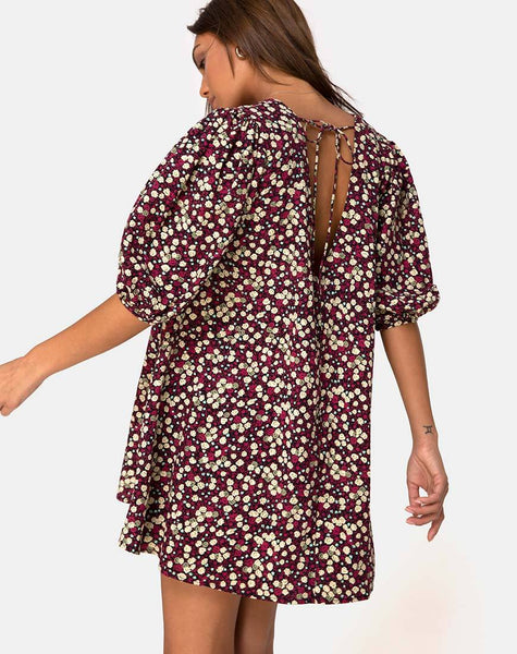 Elna Babydoll Dress in Floral Field Plum