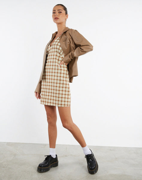 image of MOTEL X JACQUIE Eluned Day Dress in Yellow and Brown Check