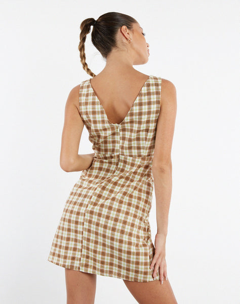 image of MOTEL X JACQUIE Eluned Day Dress in Yellow and Brown Check