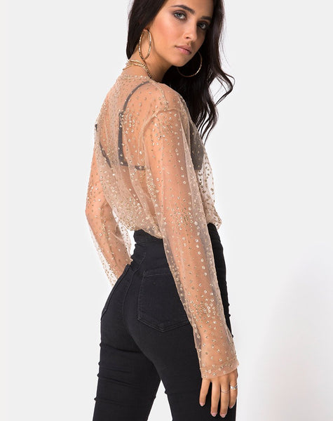 Ether Longsleeve Top in Gold Glitter on Net Tan