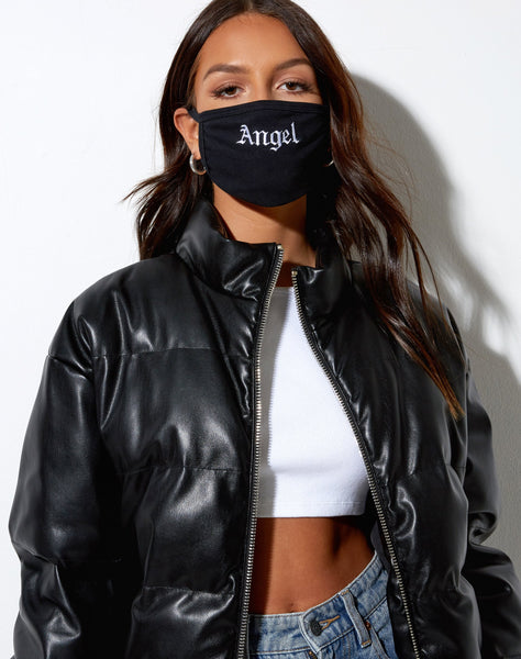 Face Mask in Black with "Angel" White Embro