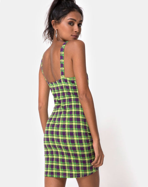 Farzi Bodycon Dress in Green and Purple Check