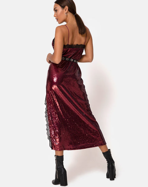 Fitilia Dress in Burgundy Mini Sequin with Black Lace