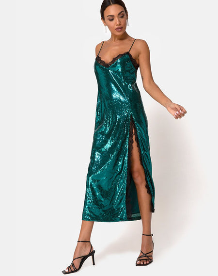 Humia Midi Dress in Drape Net Sequin Iridescent Green