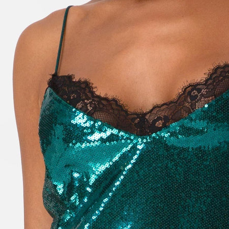 Fitilia Dress in Teal Mini Sequin with Black Lace