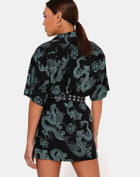 Fresia Dress in Dragon Flower Black and Mint