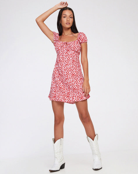 image of Galaca Mini Dress in Ditsy Butterfly Peach and Red