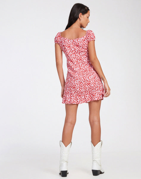 image of Galaca Mini Dress in Ditsy Butterfly Peach and Red