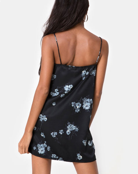 Gashi Slip Dress in Mono Flower Black Satin