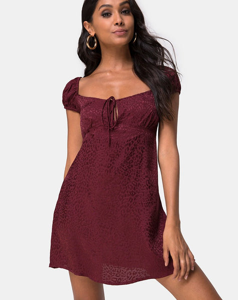 Gaval Mini Dress in Satin Cheetah Burgundy