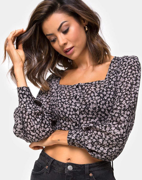 Gazalo Cropped Top in Ditsy Rose Black