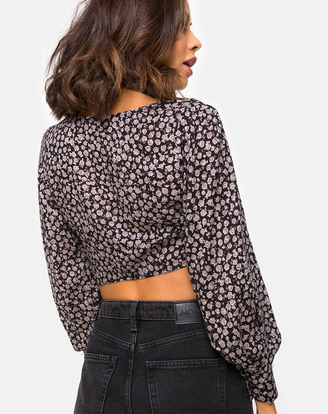 Gazalo Cropped Top in Ditsy Rose Black