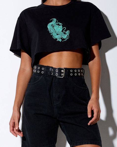 Georgi Cropped Tee in Black and Mint Dragon Placement