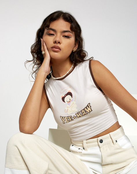 Image of Motel X Barbara Kristoffersen Gimon Crop Top in Beige Yeehaw Binding Deep Mahogany