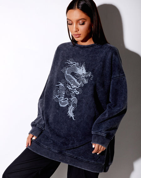 Lotsun Sweatshirt in Black Wash Twin Dragon