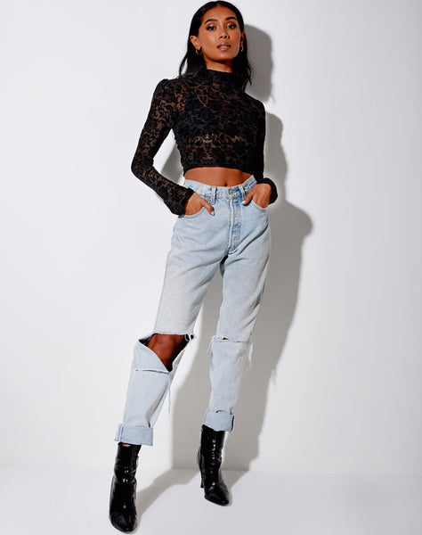 Gracy Crop Top in Brocade Rose Flock Black