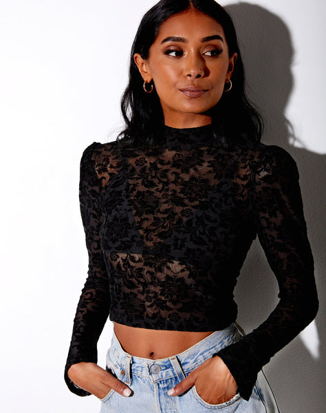 Gracy Crop Top in Brocade Rose Flock Black