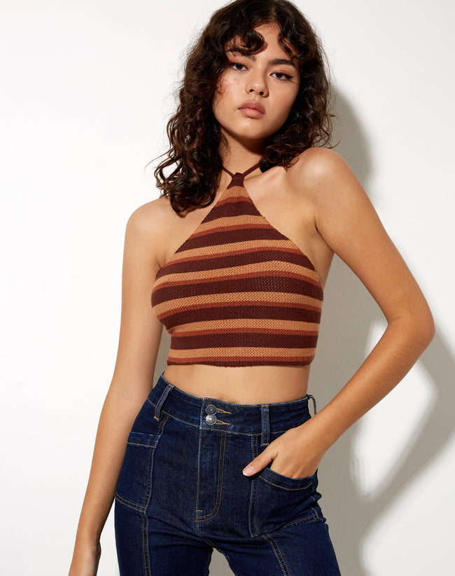 Image of Groci Crop Top in Crochet Knit Stripe Brown Chocolate