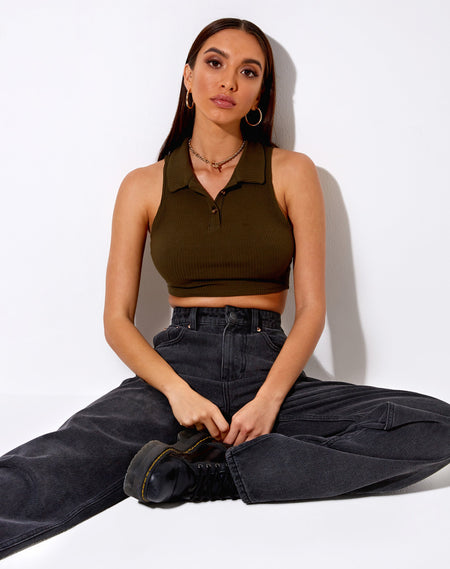 Gilly Crop Top in Rib Leaf Green