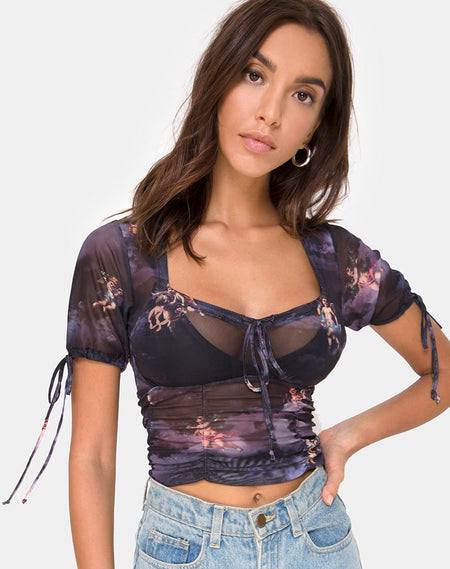 Tiney Crop Top Tee in Mesh Black Butterfly