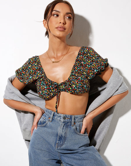 Zule Crop Top in Black Daisy Lime Embro