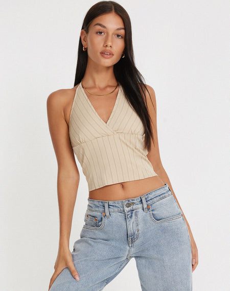 Hajra Halter Top in Grey Stripe