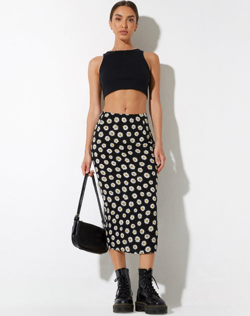 image of Harriet Midi Skirt in Grunge Daisy Black