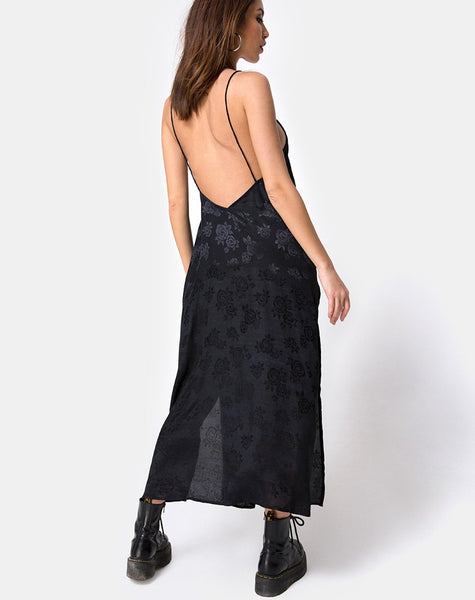 Hime Maxi Dress in Satin Black Rose