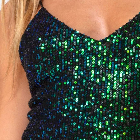 Humia Midi Dress in Drape Net Sequin Iridescent Green