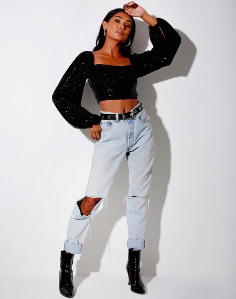 Irene Crop Top in Drape Sequin Black