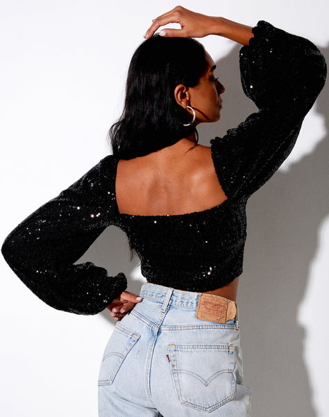 Irene Crop Top in Drape Sequin Black