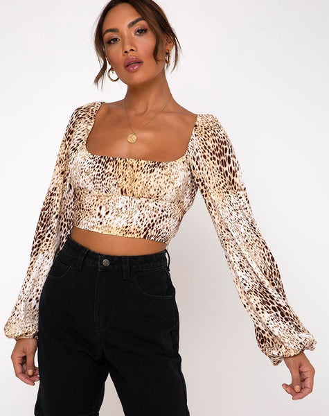 Irene Longsleeve Top in Crinkle Sand Leopard