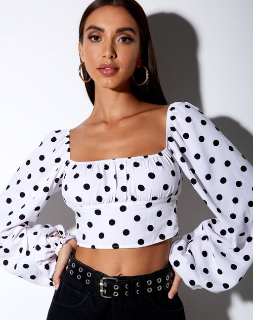 Irene Longsleeve Top in 80's Polka White