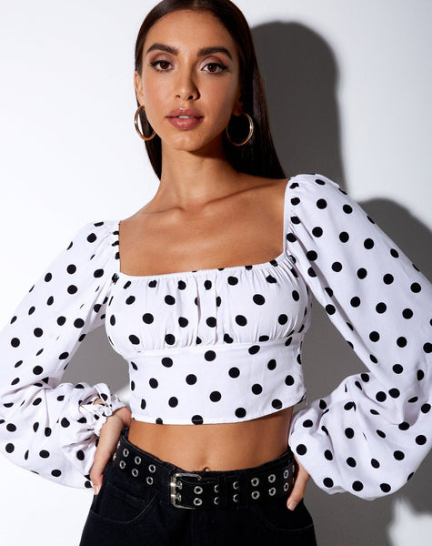 Irene Longsleeve Top in 80's Polka White