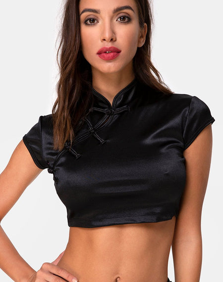 Yoona Crop Top in Satin Stretch in Last Rose Black