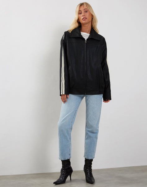 Image of Javana Zip Up Jacket in PU Black with Beige Stripe