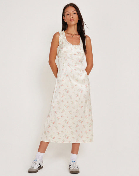 Image of Jinora Midi Dress in Satin Vintage Rose Garland