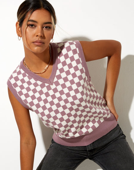 Sami Vest Top in Argyle Green Cream and Brown