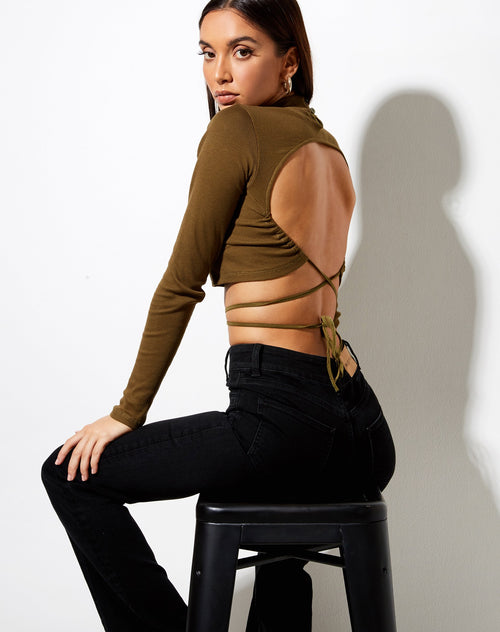 Jorja Crop Top in Rib Military Olive