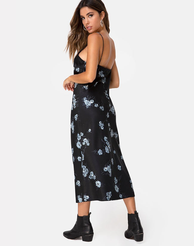 Julia Maxi Dress in Mono Flower Black Satin