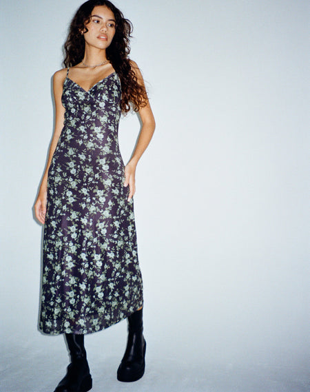 Kalana Midi Dress in Green Blurred Check Dark Olive