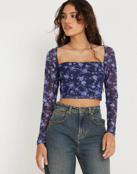 image of Kalula Printed Long Sleeve Top in Pretty Floral Navy