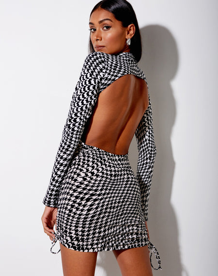 Avaya Dress in Mesh Diagonal Dogtooth Black and Tan