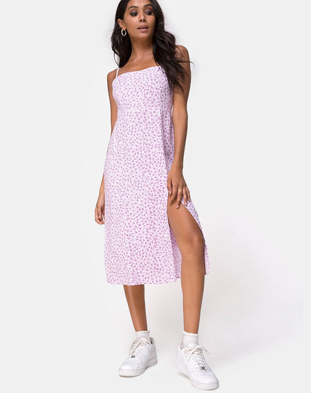 Cypress Midi Dress in Satin Ditsy Rose Lavender